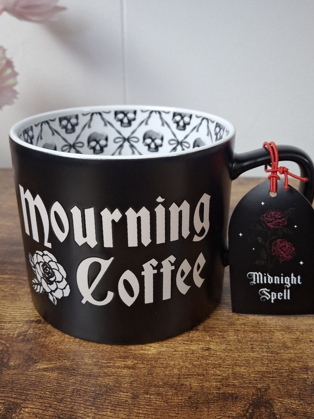 Black 'Mourning Coffee' Ceramic Mug with Skull Bow Interior